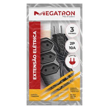 Cabo de Extensão 3 Tomadas Megatron 10A 3 Metros Bipolar Preto - 98