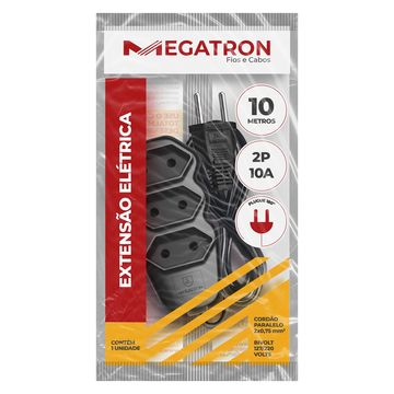 Cabo de Extensão 3 Tomadas Megatron 10A 10 Metros Bipolar Preto - 104