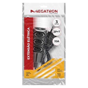 Cabo de Extensão 3 Tomadas Megatron 10A 3 Metros Tripolar Preto - 57