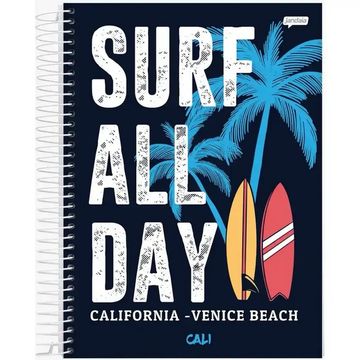 Caderno Universitário Capa Dura Espiral 12 Matérias 240 Fls 200x275 Cali Malibu Surf all Day - Unitário - Jandaia - 76676-77