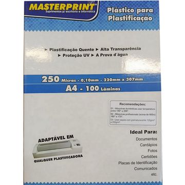 Plástico para Plastificação A4 220mm x 307mm 250 Micras 0,05mm Masterprint - Pacote com 100 Unidades - 329010012