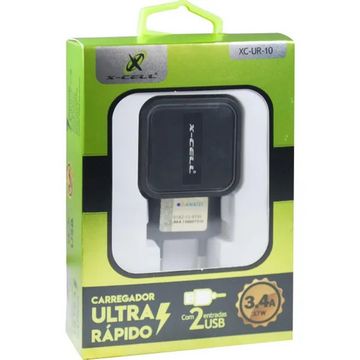 Carregador de Celular Parede com 2 Portas USB 3.4.A 17W Bivolt Preto - X-Cell - XC-UR10P-SINOP-03