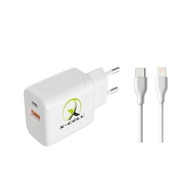 Carregador de Celular Parede com 2 Portas USB-A/USB-C 3.0A 40W GaN Bivolt Cabo Ligthning Branco X-Cell - XC-UR101