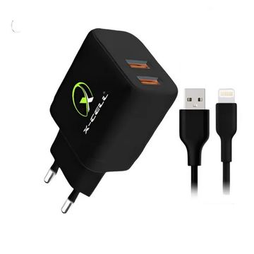 Carregador de Celular Parede com 2 Portas USB 3.0A 25W GaN Bivolt Cabo Ligthning Preto X-Cell - XC-UR77-P