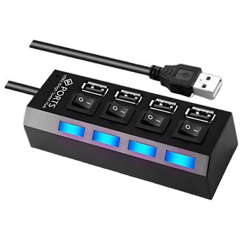 Hub USB 2.0 4 Portas com LED e Interruptor individual Hoopson Preto - HUB4-2