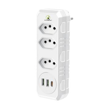 Adaptador Tomada  3 Tomadas 3 Pinos, 2 portas USB, 1 porta USB-C 10A Branco X-Cell - XC-FL-09