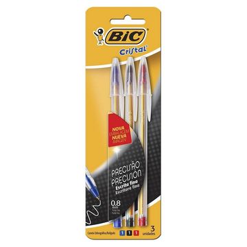 Caneta Esferográfica 0,8mm Cristal Precisão 3 Cores - Bic - Blister com 3 Unidades - 076643