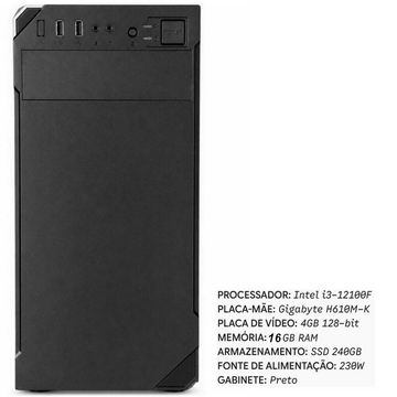 Kit Yakao Core i3 12100F Memória 16 GB SSD 240 GB com Placa de Video de 4 GB 128bit Placa Mãe H610 Gigabyte - Faturado Partes e Peças