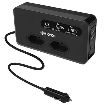 Inversor de Potência Veicular 200W - Converte DC 12 Volts para AC 110 Volts + 1 Porta USB, 1 USB-C + 2 Tomadas 3 Pinos - Hoopson IDP400
